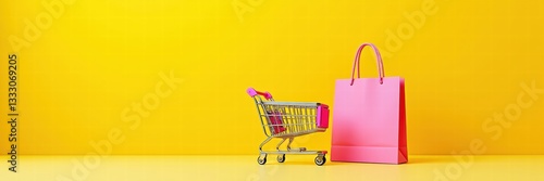 A vibrant shopping scene featuring a colorful shopping cart and a pink bag against a bright yellow background, perfect for retail and e-commerce themes.