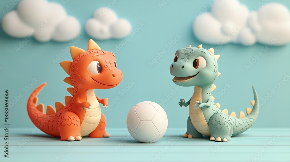 Cute dinosaur characters playing soccer in a colorful setting with playful expressions Cute dinosaur characters playing soccer in a colorful setting with playful expressions