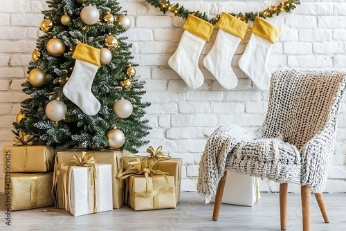 Cozy Christmas Decor: Gifts for Tree, Brick Wall.