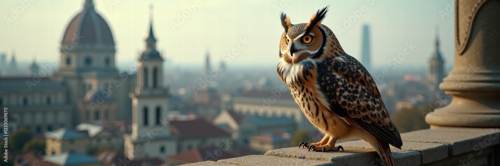 Obraz premium A majestic owl perched against an urban skyline, blending nature with city life. Perfect for themes of wisdom, nature conservation, and urban wildlife.