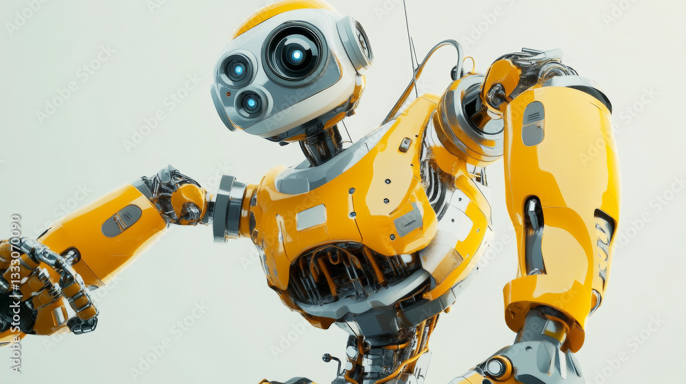 Yellow and gray friendly robot with a camera and claw arms, flying and hovering with rocket boosters, embodying the concept of artificial intelligence and futuristic technology Yellow and gray friendly robot with a camera and claw arms, flying and hovering with rocket boosters, embodying the concept of artificial intelligence and futuristic technology
