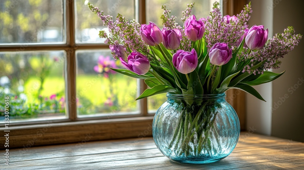 custom made wallpaper toronto digitalPurple tulips & lilac bouquet by window