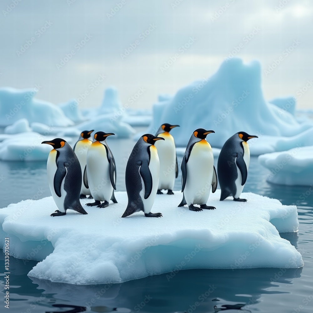 Obraz premium A group of Emperor penguins standing on an iceberg, showcasing the beauty of nature in the polar regions, ideal for wildlife, environmental, and travel themes.