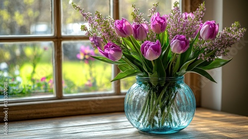 Wallpaper Mural Purple tulips & lilac bouquet by window Torontodigital.ca