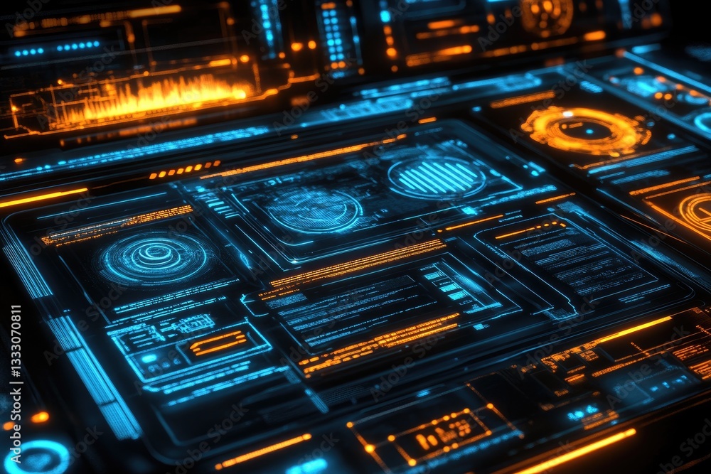 Fototapeta premium Futuristic interface displays with glowing orange and blue panels