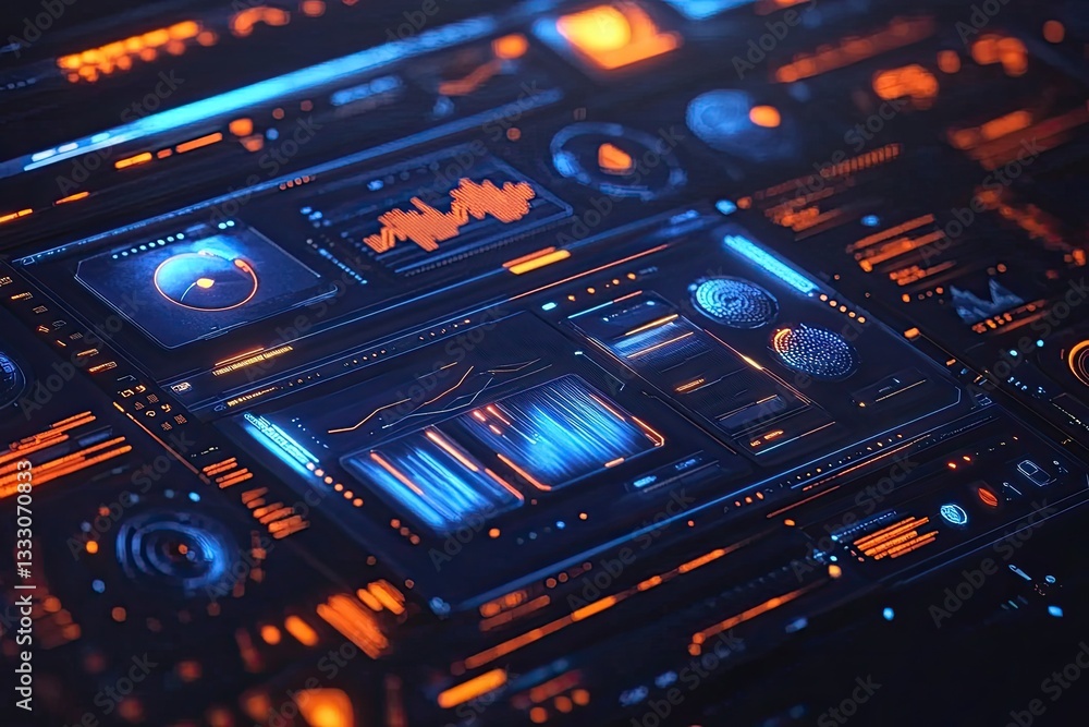 Obraz premium Futuristic digital dashboard displays data metrics in a modern control panel