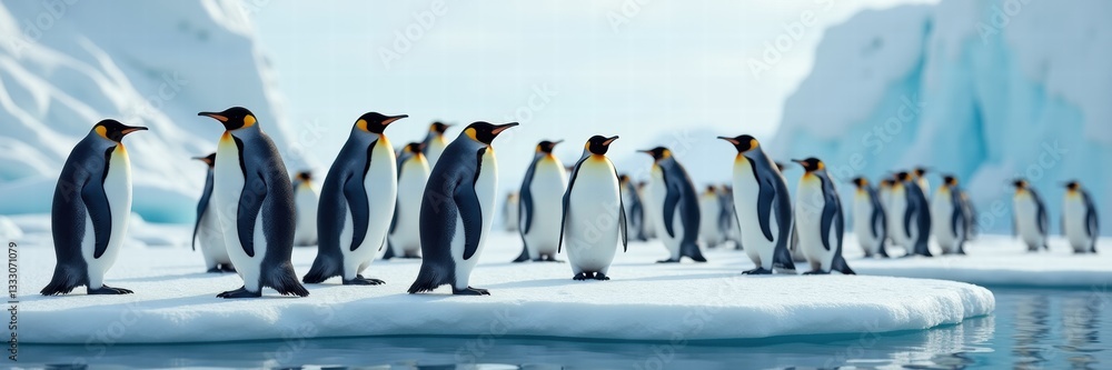 Obraz premium A charming scene of a group of penguins on an icy landscape, perfect for illustrating themes of nature, wildlife, and the environment.