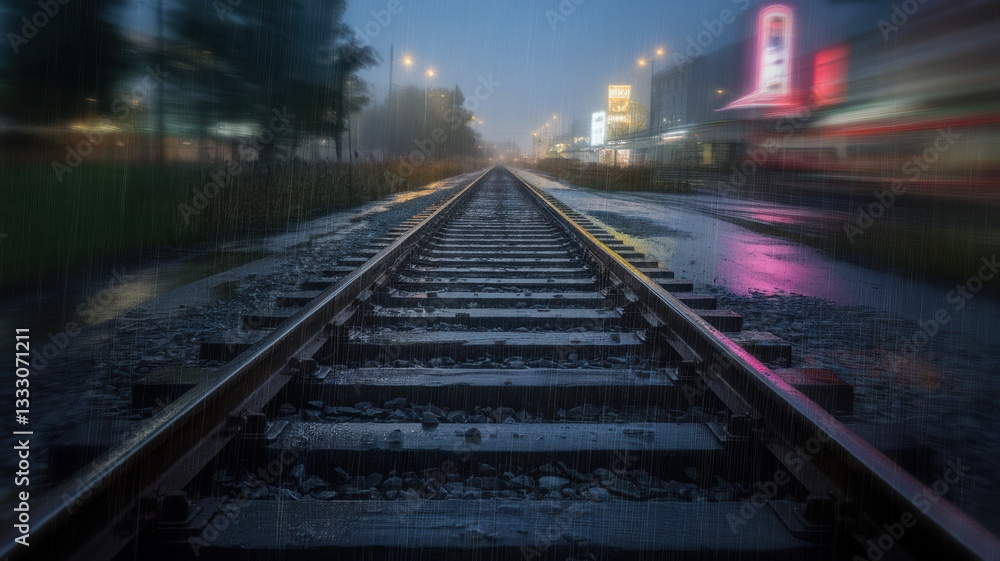 Moody Rainy Railway Tracks at Night with Blurred City Lights Moody Rainy Railway Tracks at Night with Blurred City Lights