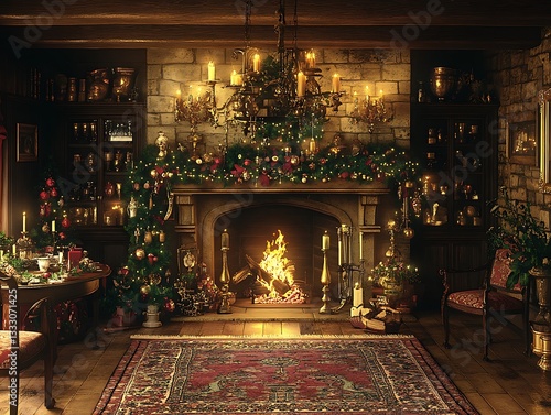 Cozy Christmas Fireplace in Stone Room.
