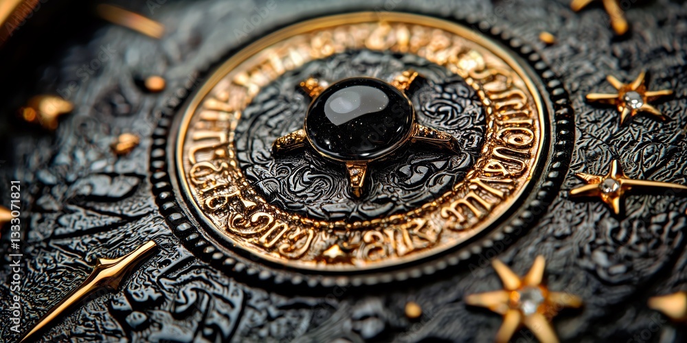 Detailed design of an ornate celestial compass adorned with intricate patterns and gemstones displayed on a textured black surface Detailed design of an ornate celestial compass adorned with intricate patterns and gemstones displayed on a textured black surface