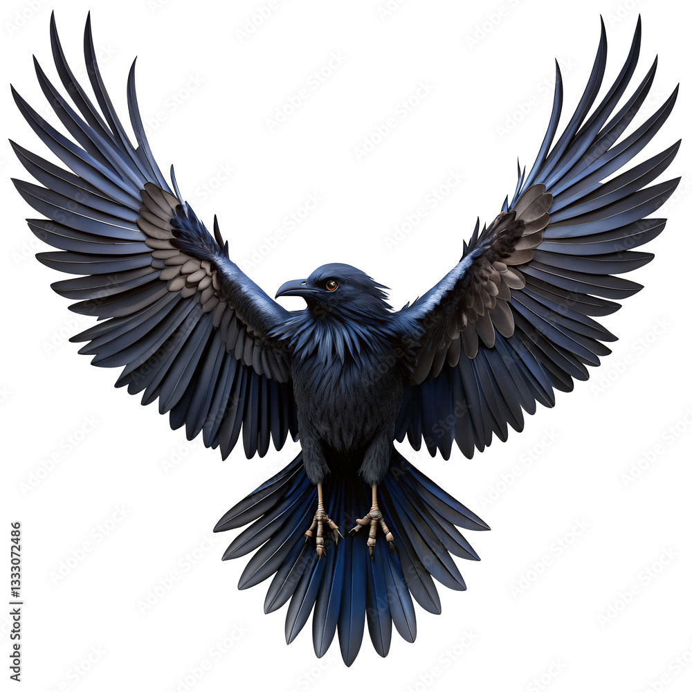 Obraz premium Raven's Majestic Spread: A dark raven, depicted in a stylized illustration, displays its powerful wings in a display of might and grace.AI Generated