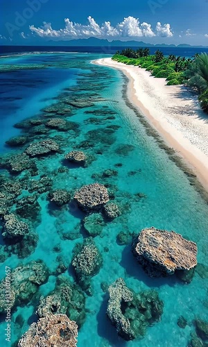 Tropical island beach, coral reefs, turquoise water