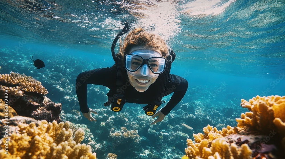 Naklejka premium A woman in a black wetsuit and goggles swims above colorful corals in clear water.