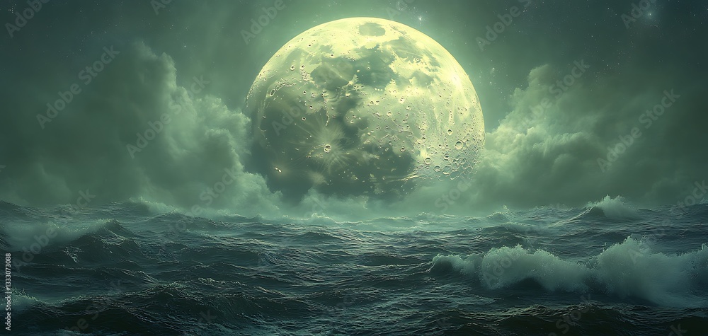 Glowing Moon Over Ocean Waves with Misty Green Light
Glowing Moon Over Ocean Waves with Misty Green Light