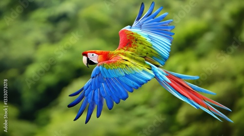 Fototapeta Naklejka Na Ścianę i Meble -  Colorful scarlet macaw in flight lush green jungle wildlife photography vibrant environment aerial view nature beauty