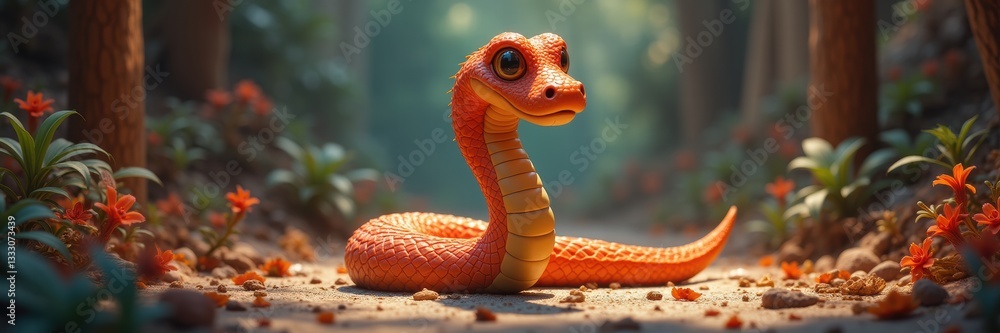 Fototapeta premium A charming, animated orange snake in a vibrant forest, perfect for children’s media, educational content, or nature-themed designs.