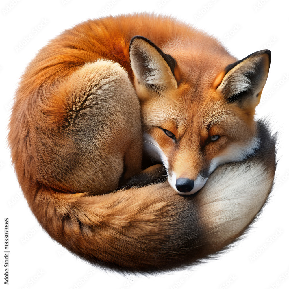 Fototapeta premium Coziness of the Fox: An exquisite artistic representation of a red fox, curled in a circular pose, embodying tranquility and contentment. Capturing intricate detail.AI Generated
