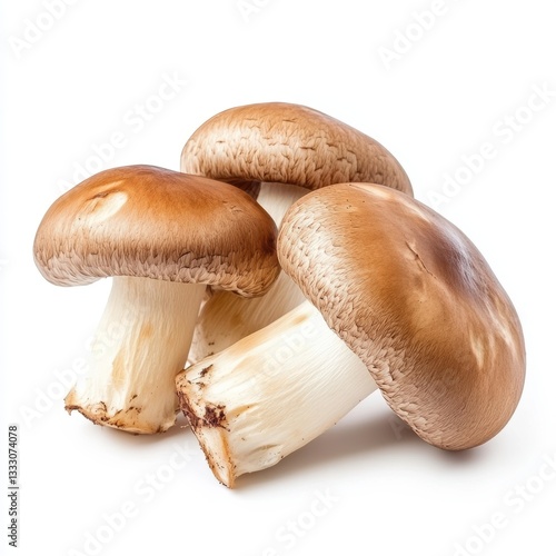 Three mushrooms rest on a clean white surface, showcasing their unique shapes and colors.