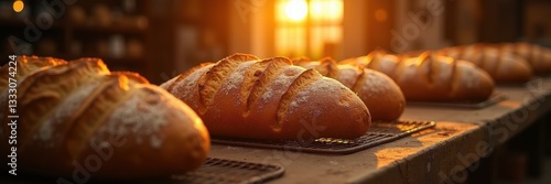 Freshly baked loaves of bread lined up in a warm, inviting bakery, illuminated by the golden glow of the setting sun, perfect for food-related projects.