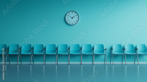Warten in der modernen Klinik: Elegante Stühle und Wanduhr im Fokus
