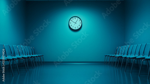 Wartezimmer mit Stühlen und Uhr an der Wand

