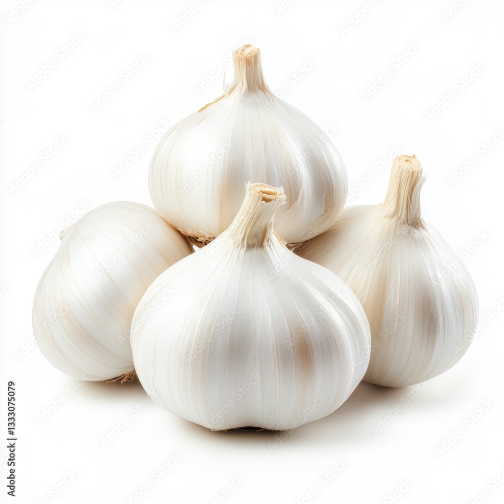 Obraz premium Fresh garlic bulbs displayed on a white background, showcasing their natural texture and color.