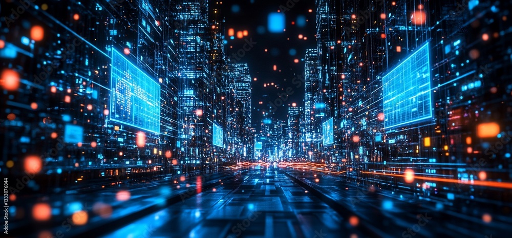 Futuristic Digital Cityscape, Abstract Representation of Data Flow and Connectivity Futuristic Digital Cityscape, Abstract Representation of Data Flow and Connectivity