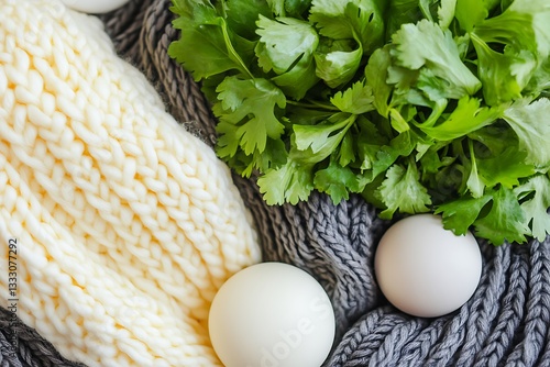 Cozy Spring Still Life: Eggs for Herbs, Knitwear.