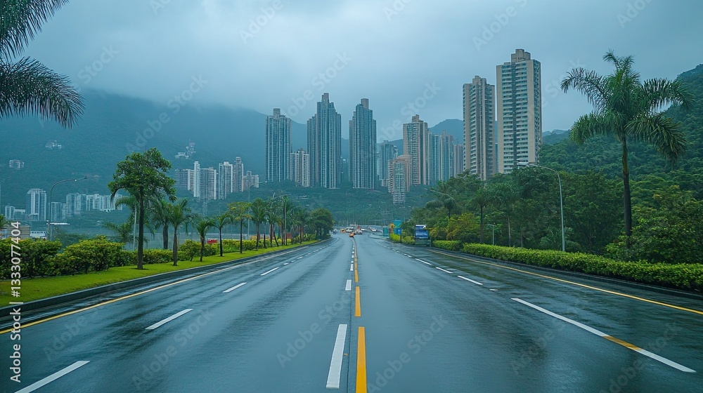 Empty road with a modern cityscape under a cloudy sky. Empty road with a modern cityscape under a cloudy sky.