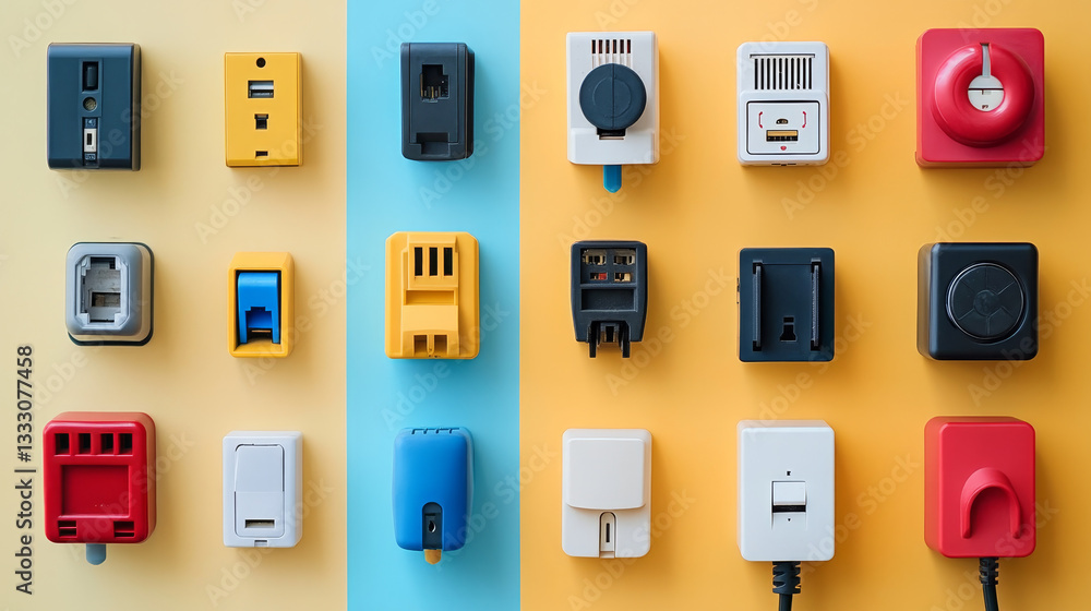Realistic socket and plug. AC power connector, American and European types of electric equipment. Vector multiple standards socket and plug isolated set. Different adapters for electrical appliances Realistic socket and plug. AC power connector, American and European types of electric equipment. Vector multiple standards socket and plug isolated set. Different adapters for electrical appliances