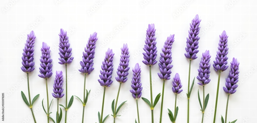 Naklejka premium Beautiful lavender flowers arranged on a white background, perfect for wellness, aromatherapy, or floral design themes.