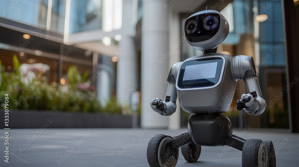 Modern gray robot with wheels, grippers and a screen on its chest is standing still and ready to perform tasks, showcasing advanced robotics and artificial intelligence Modern gray robot with wheels, grippers and a screen on its chest is standing still and ready to perform tasks, showcasing advanced robotics and artificial intelligence