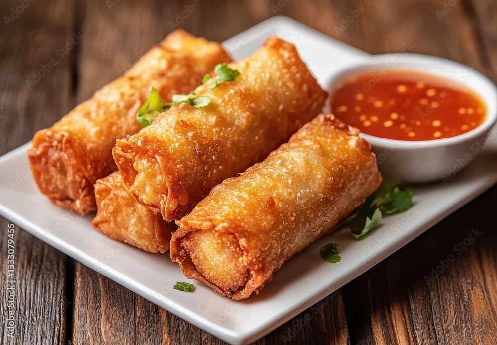 Crispy Vegetable Spring Rolls with Sweet Chili Sauce on a Wooden Table Garnished with Fresh Herbs and Dipping Sauce for Appetizers or Party Snacks Crispy Vegetable Spring Rolls with Sweet Chili Sauce on a Wooden Table Garnished with Fresh Herbs and Dipping Sauce for Appetizers or Party Snacks