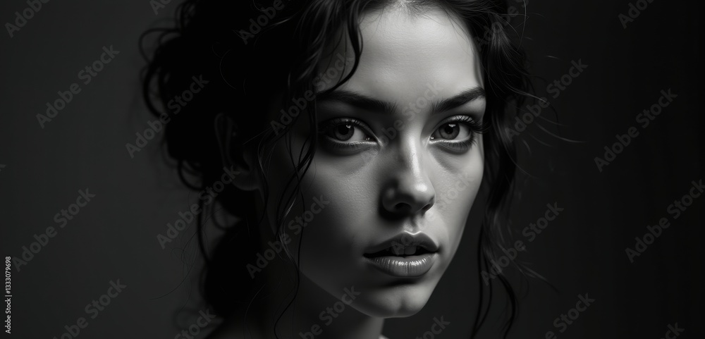 A striking black-and-white portrait of a woman, showcasing strong facial features and emotive expression, perfect for beauty, fashion, or artistic themes. A striking black-and-white portrait of a woman, showcasing strong facial features and emotive expression, perfect for beauty, fashion, or artistic themes.