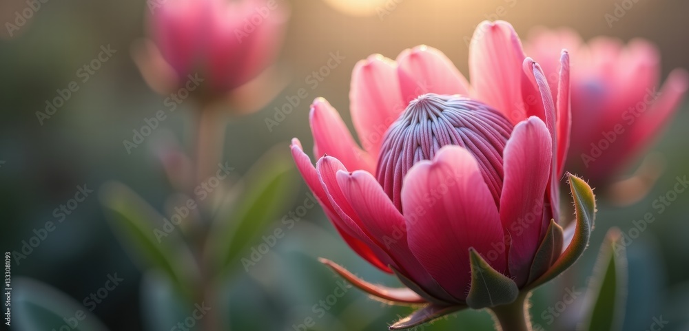 Fototapeta premium A stunning close-up of a vibrant pink flower bathed in warm sunlight, symbolizing beauty and natures elegance. Ideal for floral arrangements and nature-themed projects.