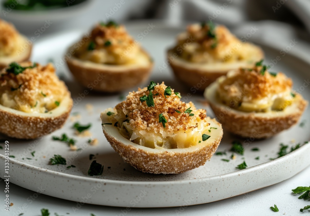 Delicious Baked Fettuccine Cups with Crispy Topping and Fresh Herbs on a Light Plate for a Plateful of Flavor and Comfort Food Delight Delicious Baked Fettuccine Cups with Crispy Topping and Fresh Herbs on a Light Plate for a Plateful of Flavor and Comfort Food Delight