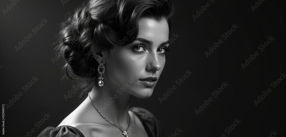 Fototapeta premium Elegant black and white portrait of a woman with vintage styling, showcasing delicate jewelry and poised beauty, perfect for fashion, beauty, or luxury branding.