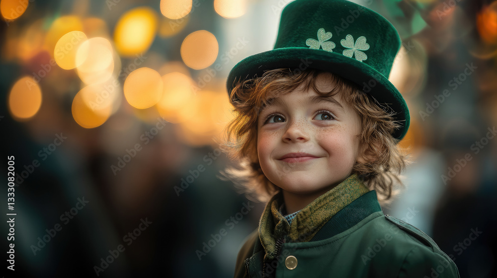 smiling boy in green jacket and top hat with clover on blurred background, child dressed as leprechaun on st patricks day, shamrock smiling boy in green jacket and top hat with clover on blurred background, child dressed as leprechaun on st patricks day, shamrock