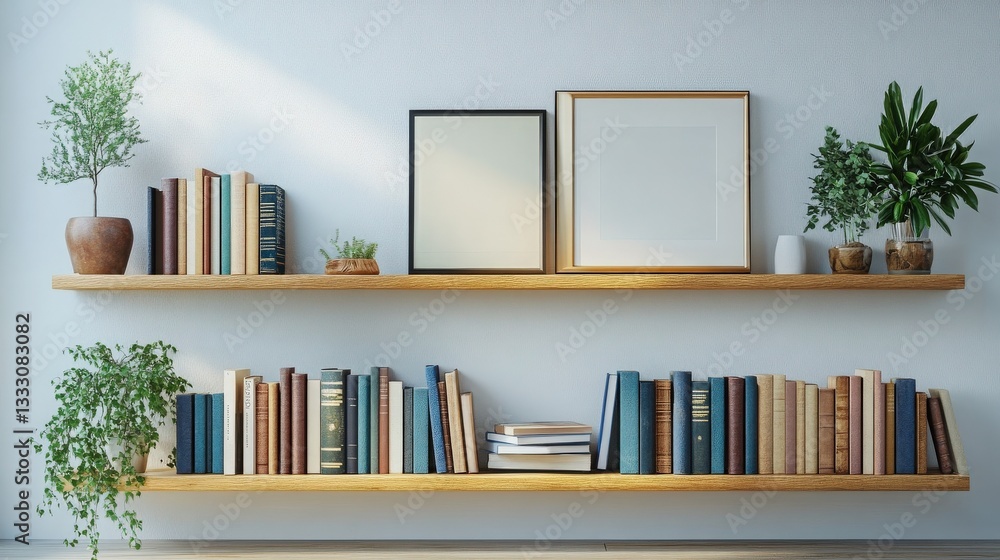 Aesthetic bookshelf with a minimalist design, displaying a curated selection of books and framed art pieces, set against a clean, white wall. The setup is stylish and elegant. Aesthetic bookshelf with a minimalist design, displaying a curated selection of books and framed art pieces, set against a clean, white wall. The setup is stylish and elegant.