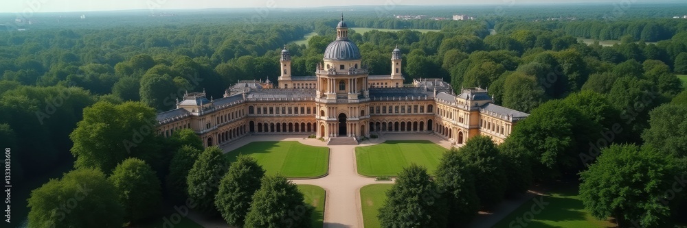 Obraz premium A stunning aerial view of a grand historical mansion surrounded by lush greenery, perfect for showcasing elegance and heritage in real estate or tourism.