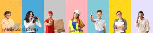 Collage of teenagers of different professions on color background