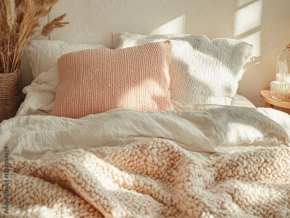 A cozy bed with soft pillows and a warm knitted blanket A cozy bed with soft pillows and a warm knitted blanket