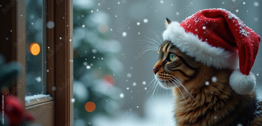 A festive cat in a Santa hat gazes out a snow-covered window, capturing the spirit of the holiday season in a cozy, warm atmosphere. A festive cat in a Santa hat gazes out a snow-covered window, capturing the spirit of the holiday season in a cozy, warm atmosphere.