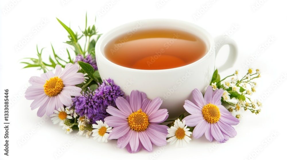 A cup of tea accompanied by colorful flowers beside it. A cup of tea accompanied by colorful flowers beside it.