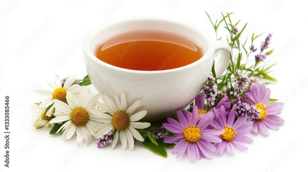 A cup of tea accompanied by delicate flowers beside it. A cup of tea accompanied by delicate flowers beside it.
