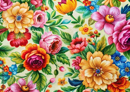 Vibrant Floral Fabric Close-Up: Detailed Colorful Textile Pattern