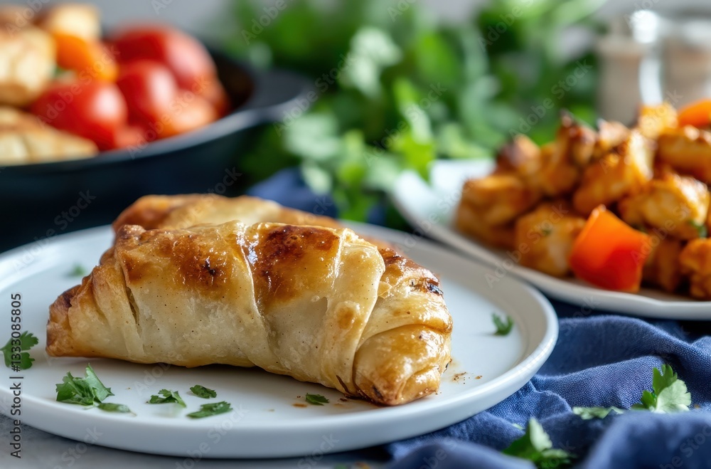 Delicious golden pastry with filling served on a plate near colorful vegetables and fresh herbs in a cozy kitchen setting Delicious golden pastry with filling served on a plate near colorful vegetables and fresh herbs in a cozy kitchen setting