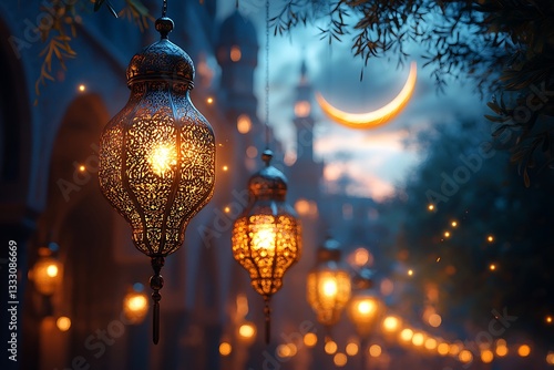 Ornate lanterns lighting twilight street with crescent moon and mystical buildings

