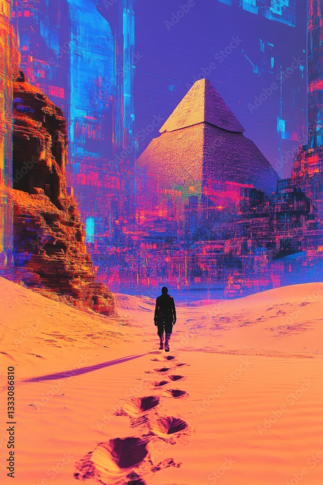 Silhouette walking towards futuristic pyramid in desert. Silhouette walking towards futuristic pyramid in desert.