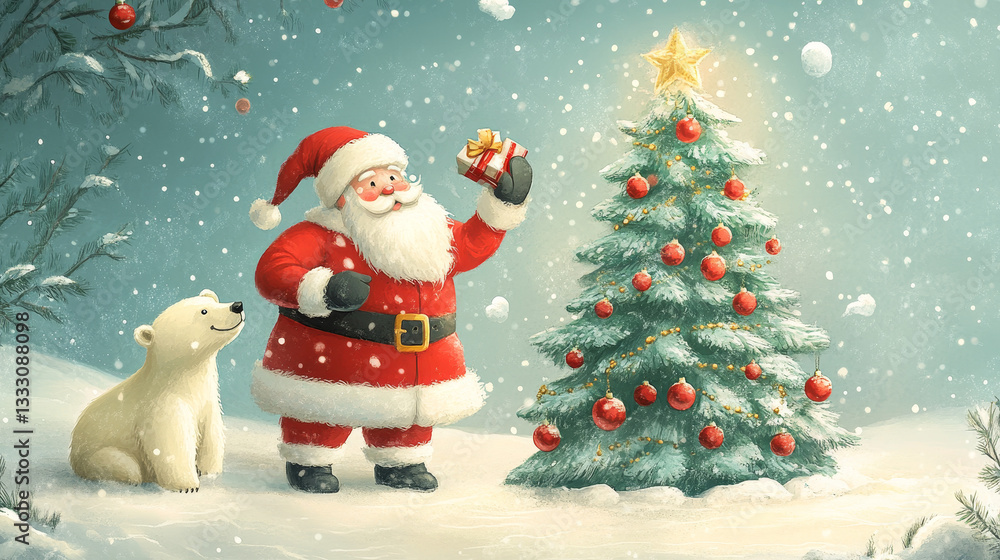 Scandinavian christmas cards. Cozy winter holiday, noel and new year celebrations with cute santa, polar bear and tree set. Illustration christmas greeting poster and card to winter holiday Scandinavian christmas cards. Cozy winter holiday, noel and new year celebrations with cute santa, polar bear and tree set. Illustration christmas greeting poster and card to winter holiday